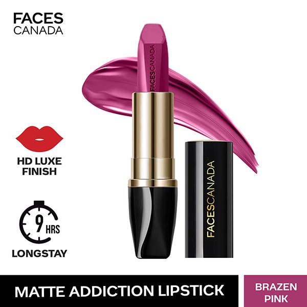 Faces Canada Matte Addiction Lipstick Luxurious Comfort HD Finish with Mulberry Oil & Shea Butter Brazen Pink 01 3.7gm - Lipsticks