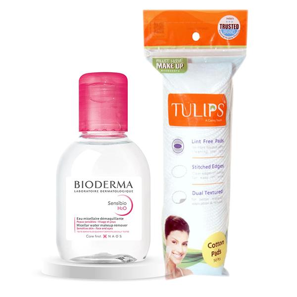 Netmeds | Bioderma Combo (Sensibio H2O Micellar Water Makeup Remover 100 ml + Tulips Cotton Pad 50's)