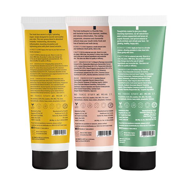 Arata Essential Morning Regime (Facewash, Face Cream & Toothpaste) 50ml each - Face Serum