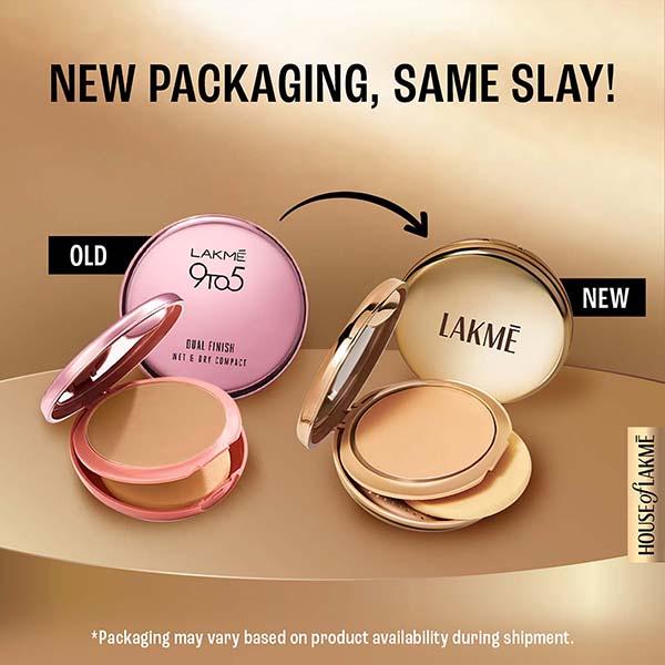Lakme 9to5 Unreal Dual Cover Pressed Powder, 2 In 1 Compact + Foundation, 34 Almond, 9 gm - Compact Powder