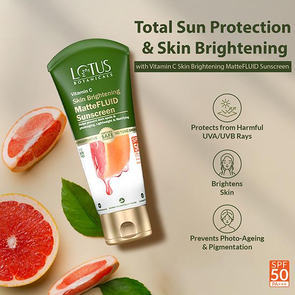 Lotus Botanicals Vitamin C Skin Brightening Mattefluid Sunscreen SPF 50 PA+++ for Men & Women 5 gm - Face Sunscreen