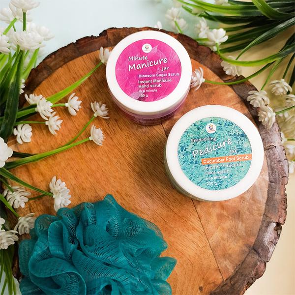 Bloomsberry Manicure Pedicure Combo Pack (Manicure Hand Scrub - Blossom 150 gm + Pedicure Foot Scrub - Cucumber 200 gm) - Hand Creams