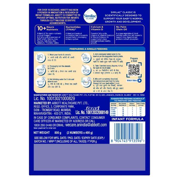 Similac Classic Infant Formula Stage 1 Powder (Up to 6 months) Refill Pack 800 g - Baby And Infant Supplements