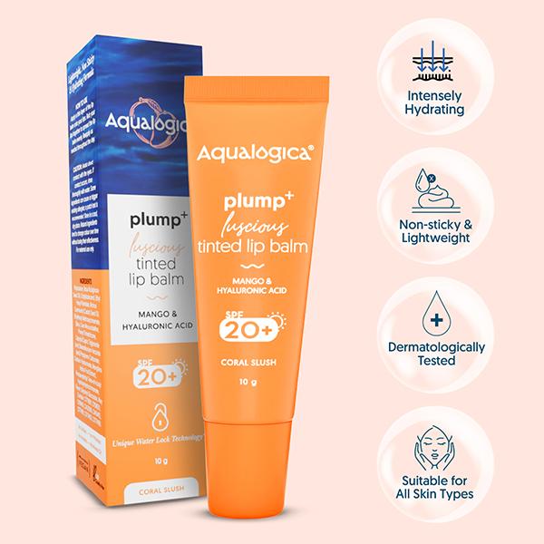 Aqualogica Coral Slush Plump + Luscious Tinted Lip Balm With Mango And Hyaluronic Acid 10 gm - Lip Balms