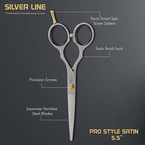 Vega Professional Pro Style Satin 5.5' Silver Line Hairdressing Scissor (VPMSC-10) 1's - Grooming Kits