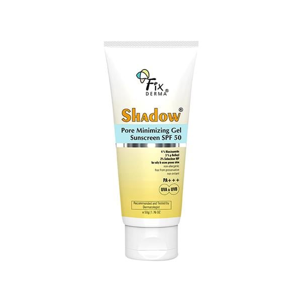 Netmeds | Fixderma Shadow Pore Minimizing Gel Sunscreen SPF 50 PA+++ For UVA & UVB Oily & Acne Prone Skin 50 gm