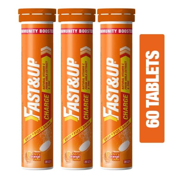 Netmeds | Fast&Up Charge Natural Vitamin C From Amla Extract & Zinc Effervesent Tablet - Fizzy Blast Orange Flavour (Pack of 3 x 20's)