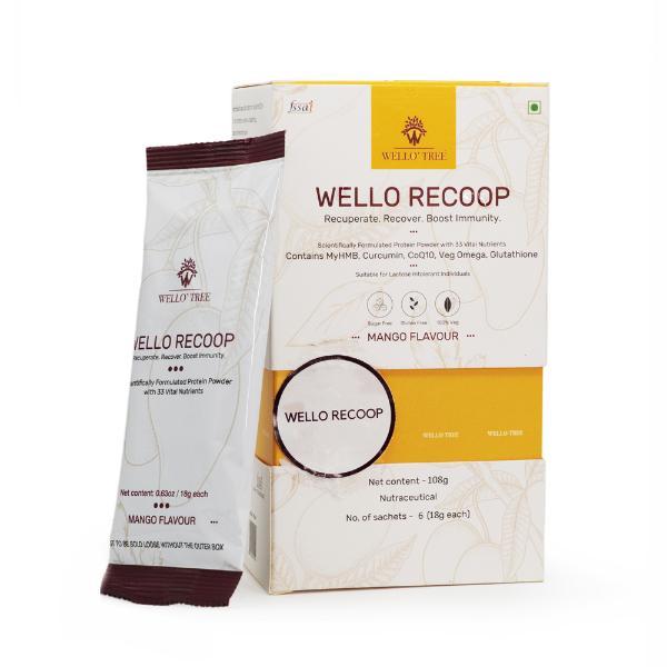 Netmeds | WelloTree Wello Recoop Protein Powder - Mango Flavour (Pack Of 6 x 18g) 1s