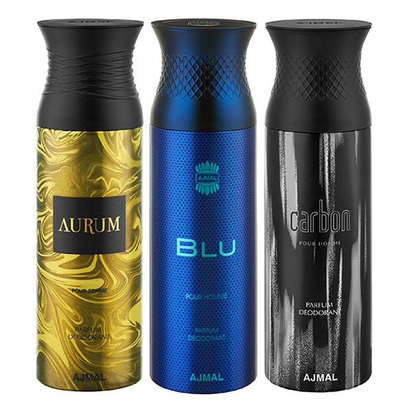 Ajmal Aurum & Blu & Carbon Deodorant Spray - For Men & Women (Pack Of 3) 200 ml - Perfumes (Edt/Edp)