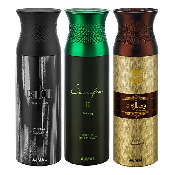 Netmeds | Ajmal Carbon & Sacrifice II & Wisal Dahab Deodorant Spray - For Men (Pack Of 3) 200 ml