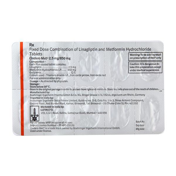 Ondero Met 2.5/850mg Tablet 10'S - Diabetes-Ant