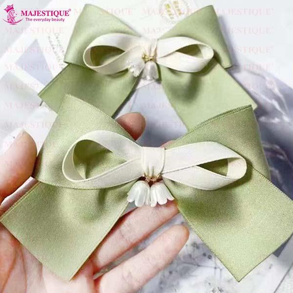 Majestique Satin Silk Layered Hair Bow Embellished Clip And Hair Scrunchies Combo For Women Girls - Green 2's - Hair Clips/Bands