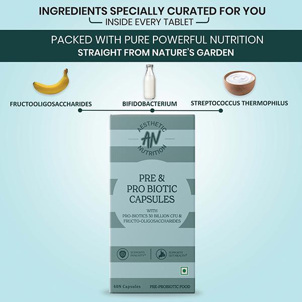 Aesthetic Nutrition Pre and Probiotic Capsules With Fructo-Oligosaccharides, Bifidobacterium, And Streptococcus Thermophilus 60 Capsules 1's - Multi-Vitamins