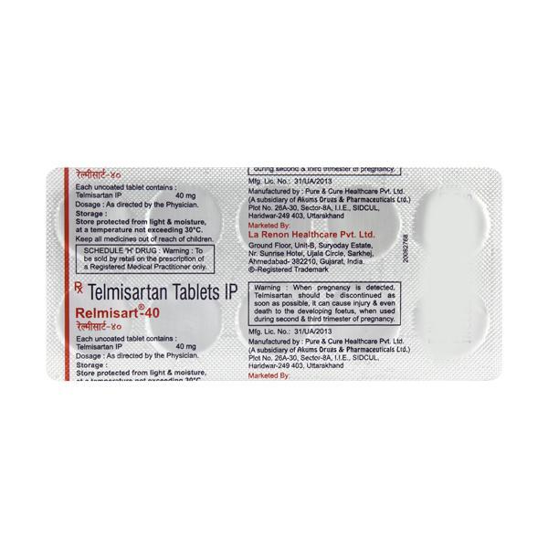 Relmisart 40mg Tablet 10'S - Hypertension-Ang