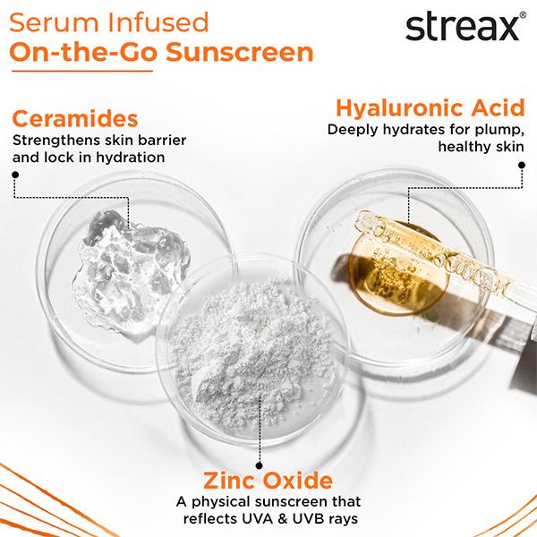 Streax Sunscreen Stick SPF 60 PA++++, UV Care Hyaluronic Acid & Ceramides Serum complex 20 g - Face Sunscreen