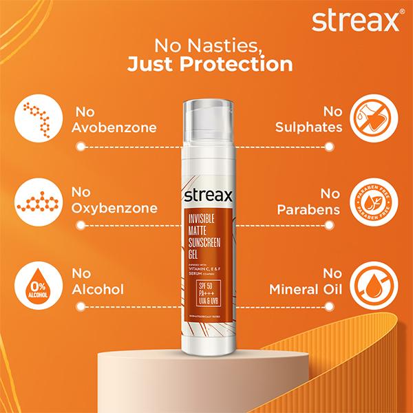 Streax Invisible Matte Gel Sunscreen SPF 50 PA+++, spf 50 , dry skin & combination skin 50 g - Face Sunscreen