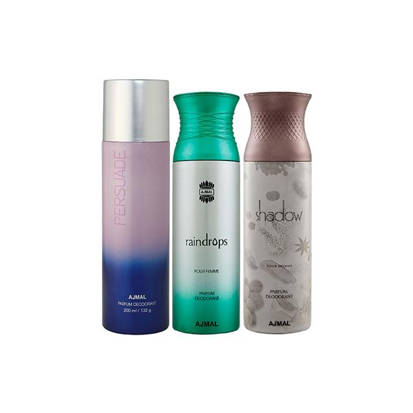Ajmal 1 Persuade, 1 Raindrops Femme And 1 Shadow Him Deodorants Pack of 3 200 ml - Deodorants/Roll-Ons