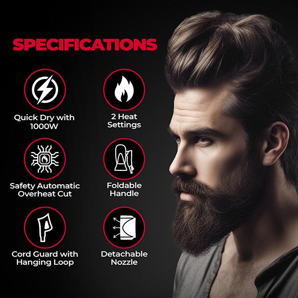 Beardo Style Cannon Ultra Compact Hair Dryer for Men, Powerful 1000W Airflow 1's - Hair Dryers