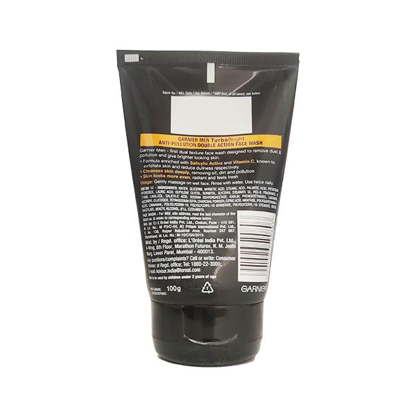 Garnier Men Turbo Bright Anti Pollution Double Action Face Wash 100 gm - Face Wash & Cleansers