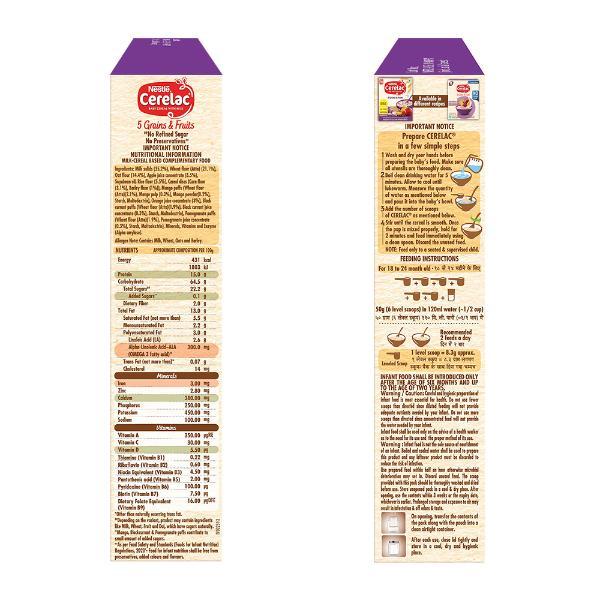 Nestle CERELAC 5 Grains & Fruits Baby Food Cereal No Refined Sugar & No Preservatives (18 to 24 Months Baby) 300 g - Baby And Infant Supplements