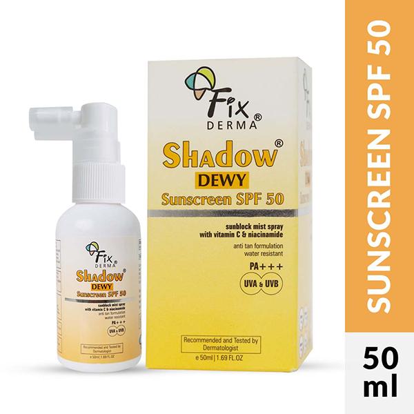 Netmeds | Fixderma Shadow Dewy Sunscreen SPF 50 Spray PA+++ for UVA and UVB Protection 50 ml