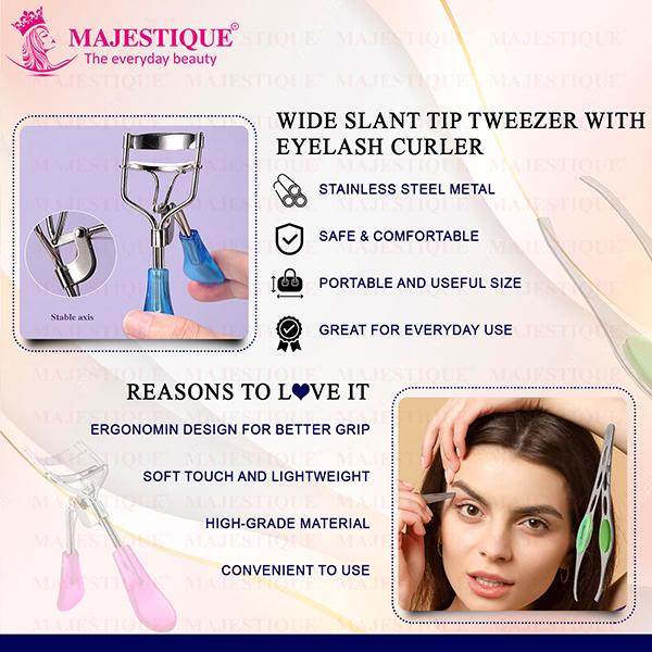 Majestique Eyelash Curler with Slant Tip Tweezer Suitable for All Eye Shapes - Multicolor 2's - Tweezers