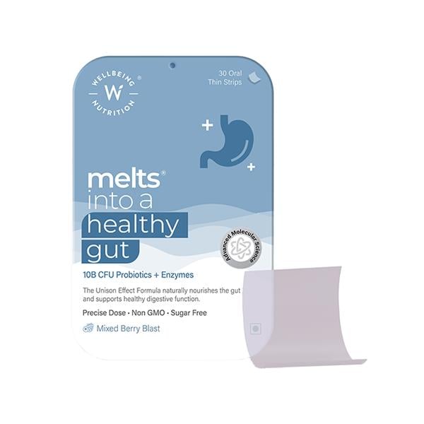 Wellbeing Nutrition Melts Healthy Gut Probiotic 10B CFU, Digestive Enzymes and FOS For Indigestion, Gas, Acidity 30 Strips - Digestive Health