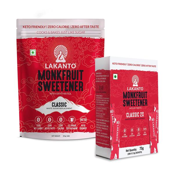 Netmeds | Lakanto Monkfruit Sweetener (Combo Pack Of Classic 2X (30's X 2.5 g) + Classic 454 g) 1's