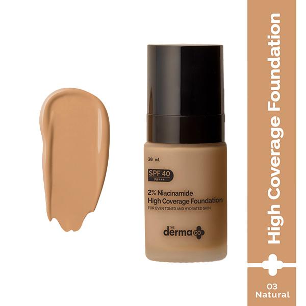 The Derma Co. 2% Niacinamide High Coverage Foundation, 1% Hyaluronic Acid and SPF 40 PA+++ for 12 Hr- 03 Natural 30 gm - Foundation