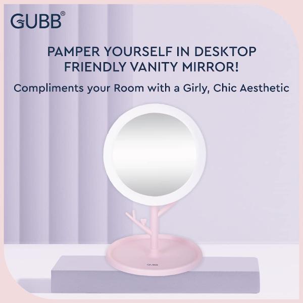 GUBB 360 degree Vanity Mirror with Storage Tray & Branch for Accessories, Rotating Table Mirror with Stand - Pink 1's - Others