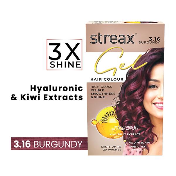 Streax Gel Hair Colour for women, Burgundy 3.16, No ammonia hair color, 100% grey coverage 150 ml - Crème