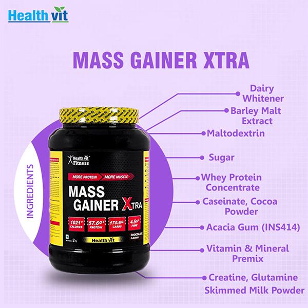 Healthvit Fitness Mass Gainer Xtra with Vitamins and Minerals Chocolate Flavour 2kg / 4.4 lbs 2000 gm - Multi-Vitamins