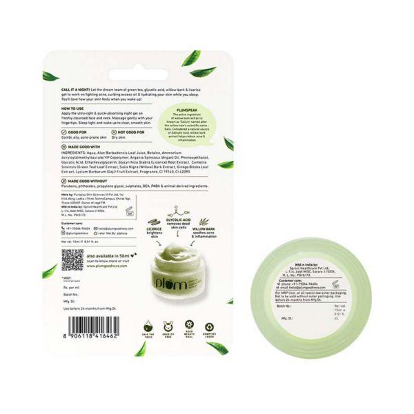 Plum Green Renewed Clarity Night Gel Fights Acne , Hydrates Skin 15ml - Night Cream