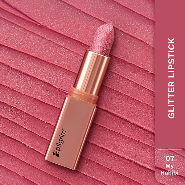 Netmeds | Pilgrim Glitter Lipstick My Habibi-07 Luxurious 3-D Glitter Formula With Matte Finish pink 4.2 g