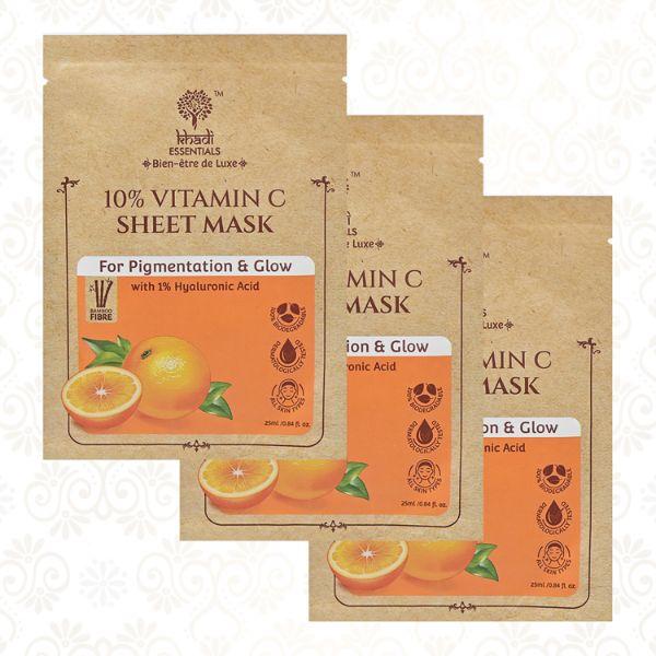 Khadi Essentials Ayurvedic Vitamin C & Hyaluronic Acid Serum Sheet Mask For Spot Removal & Hydrated Skin (Pack of 3) 100 gm - Sheet Masks