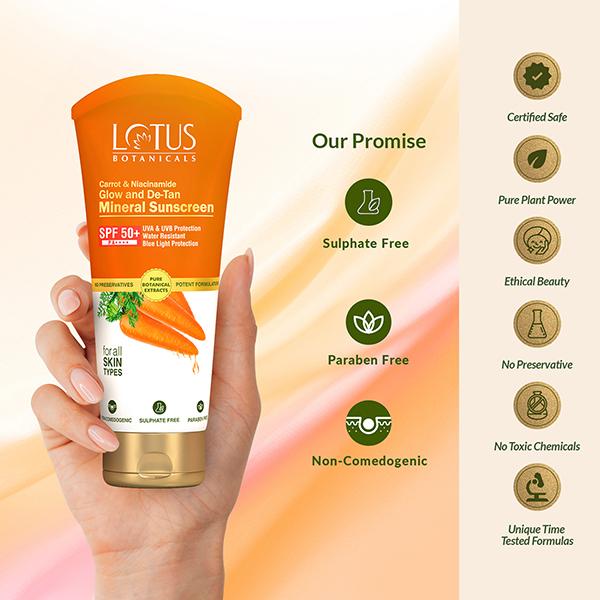 Lotus Botanicals Carrot & Niacinamide Glow and De-Tan Mineral Sunscreen, SPF 50+, PA++++ 50 gm - Body Sunscreen