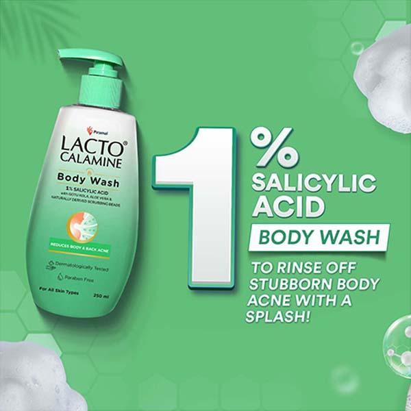Lacto Calamine 1% Salicylic Acid Body Wash Cica, Aloe Vera, Natural Scrubbing Bead for Body Acne 250 ml - Shower Gels & Body Wash