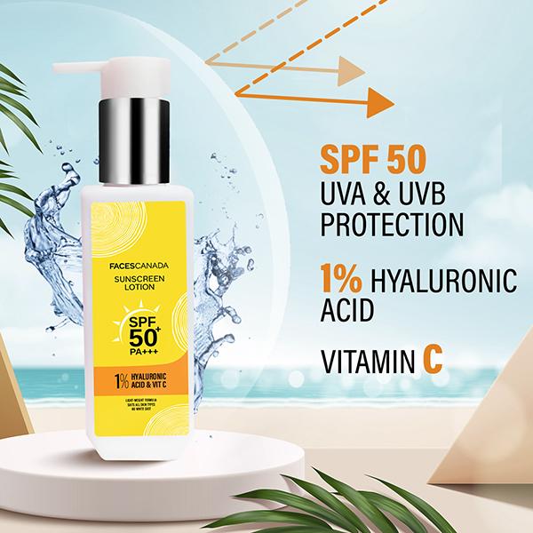 Faces Canada Sunscreen Lotion, SPF 50+ PA+++, Protects From Uva & UVB Rays, 1% Hyaluronic Acid & Vitamin C 100ml - Face Sunscreen
