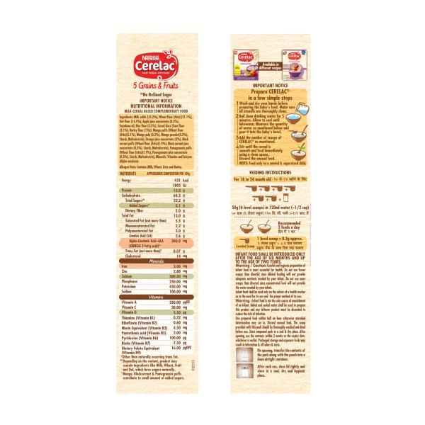 Nestle Cerelac Baby Food Cereal No Refined Sugar - 5 Grains & Fruits (For 18 to 24 Months Baby) 300 g - Baby And Infant Supplements