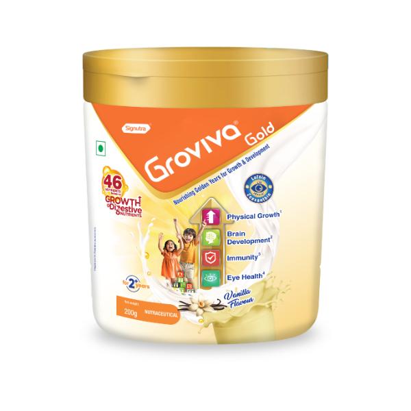 Netmeds | Groviva Gold Age 2+ Child Nutrition Supplement Powder Jar - Vanilla Flavour 200 g