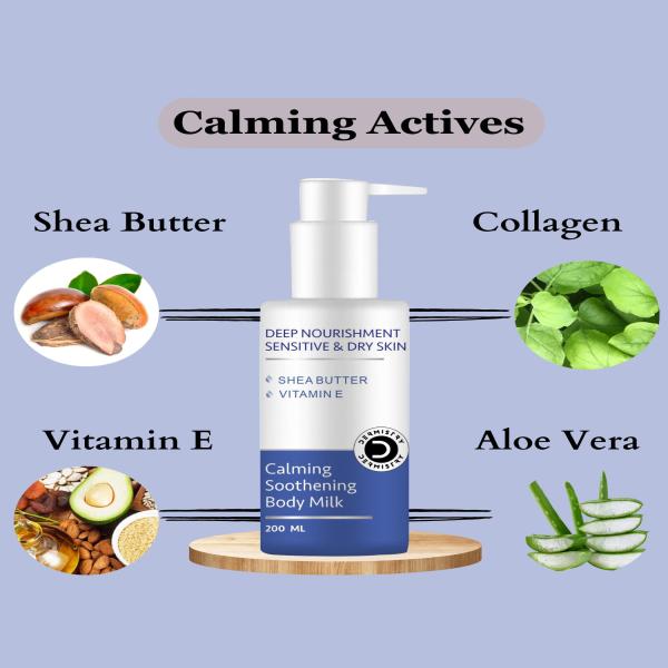 Dermistry Sensitive & Dry Skin Calming Soothening Body Milk Lotion 200 ml + Safe Cleansing Sensitive & Dry Skin Calming Face Wash 100 ml - Face Wash & Cleansers