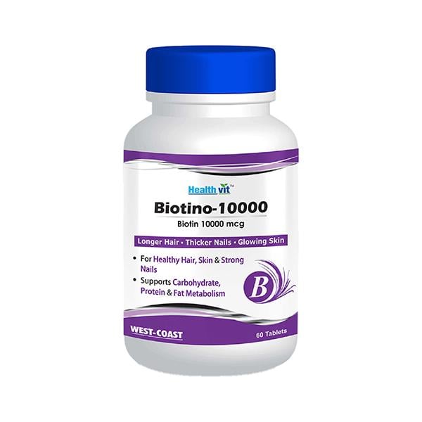 Netmeds | Healthvit Biotino-10000 Biotin 10000 mcg for Longer Hair, Glowing Skin and Thicker Nails - Tablets 60's