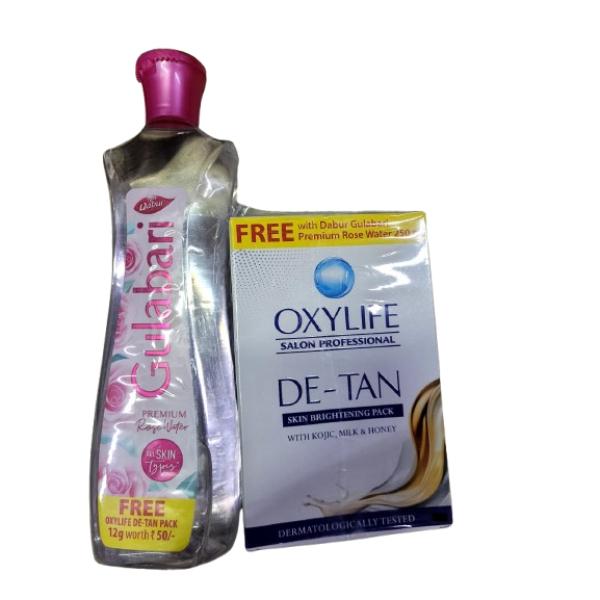Netmeds | Dabur Gulabari Premium Rose Water 250 ml (Free Oxylife De Tan Pack 12g) 1 s