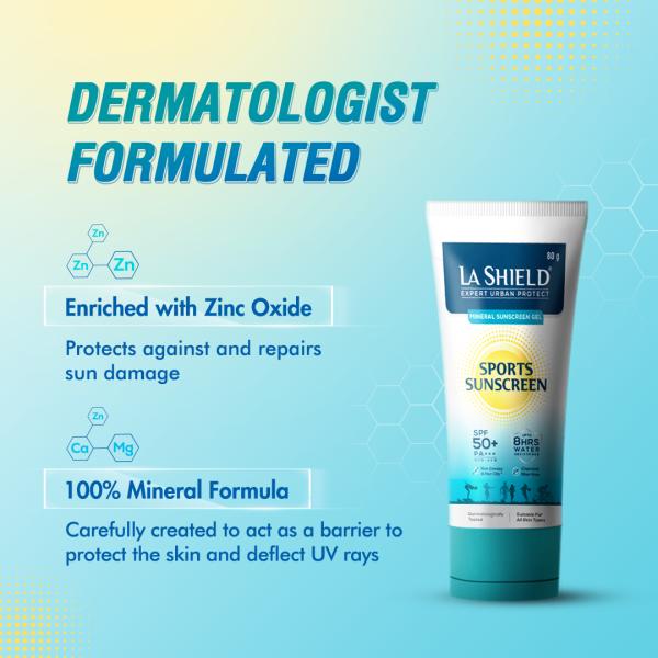 La Shield Mineral Sports Sunscreen Gel SPF 50 + 100% Mineral Sunscreen 8 Hours Water Resistant for Women and Men PA+++ 80 gm - Body Sunscreen