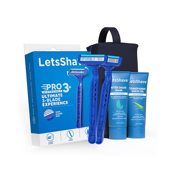 Netmeds | Letsshave Pro 3 Disposable Kit Razors 2S + Shave Gel 30Ml + After Shave Balm 30Ml + Travel Pouch 1's