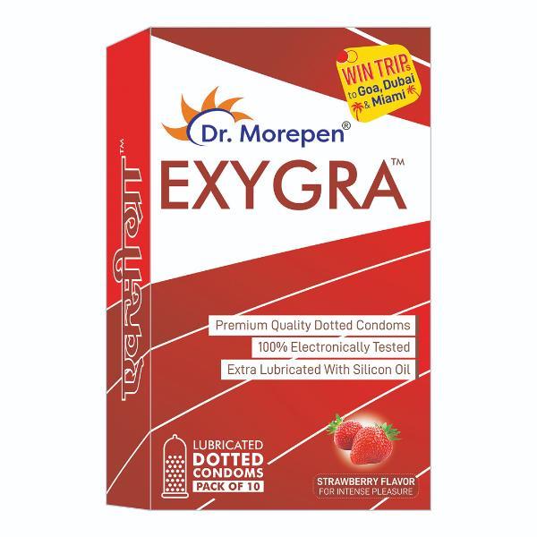 Netmeds | Dr. Morepen Exygra Lubricated Dotted Condoms - Strawberry Flavour 10's