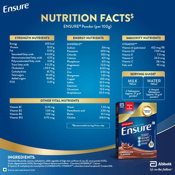 Ensure Nutritional Powder - Chocolate Flavour 950 g (Refill Pack) - Daily Health Drinks