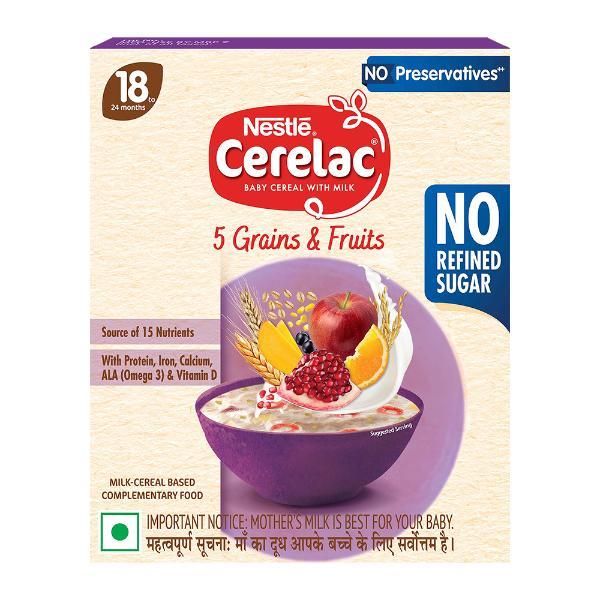 Netmeds | Nestle CERELAC 5 Grains & Fruits Baby Food Cereal No Refined Sugar & No Preservatives (18 to 24 Months Baby) 300 g