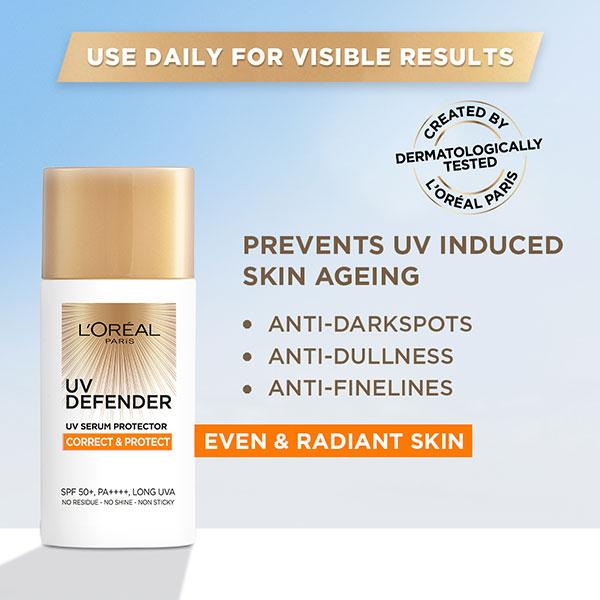 L'Oreal Paris UV Defender Serum Protector Sunscreen SPF 50 PA+++, Correct & Protect 50 ml - Face Sunscreen