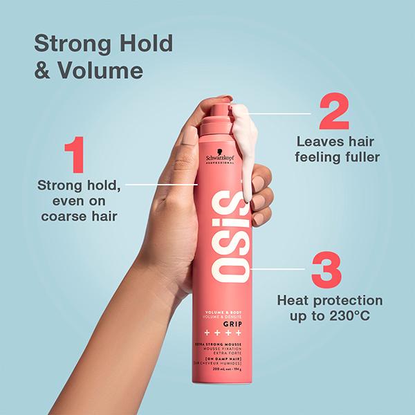 Schwarzkopf Professional OSiS+ Grip Extra Strong Hair Styling Mousse for Volume and Natural Shine, Frizz Control, Vegan, Extra strong Hold for Body and Bounce 200 ml - Clays & Mousses